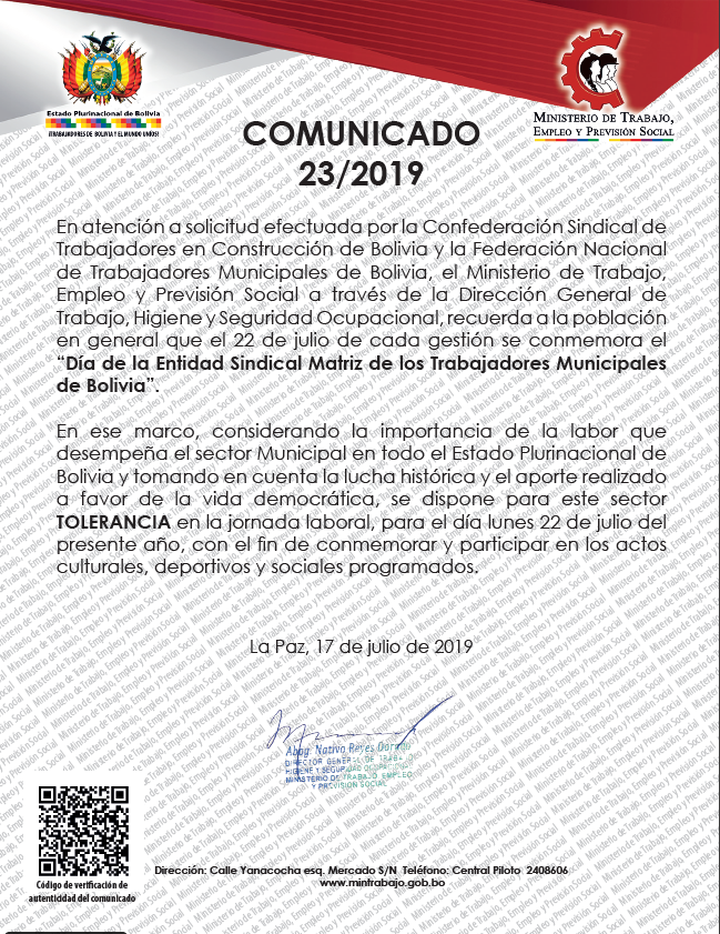 COMUNICADO 23/19 - Ministerio de Trabajo, Social