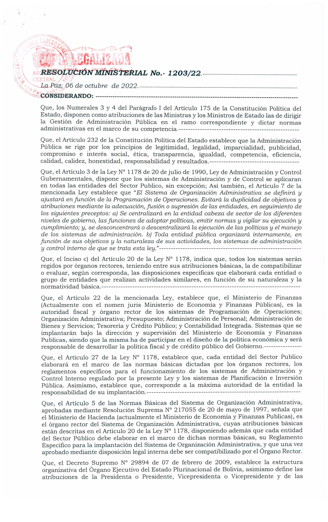 Resolución Ministerial No.- 1203/22
