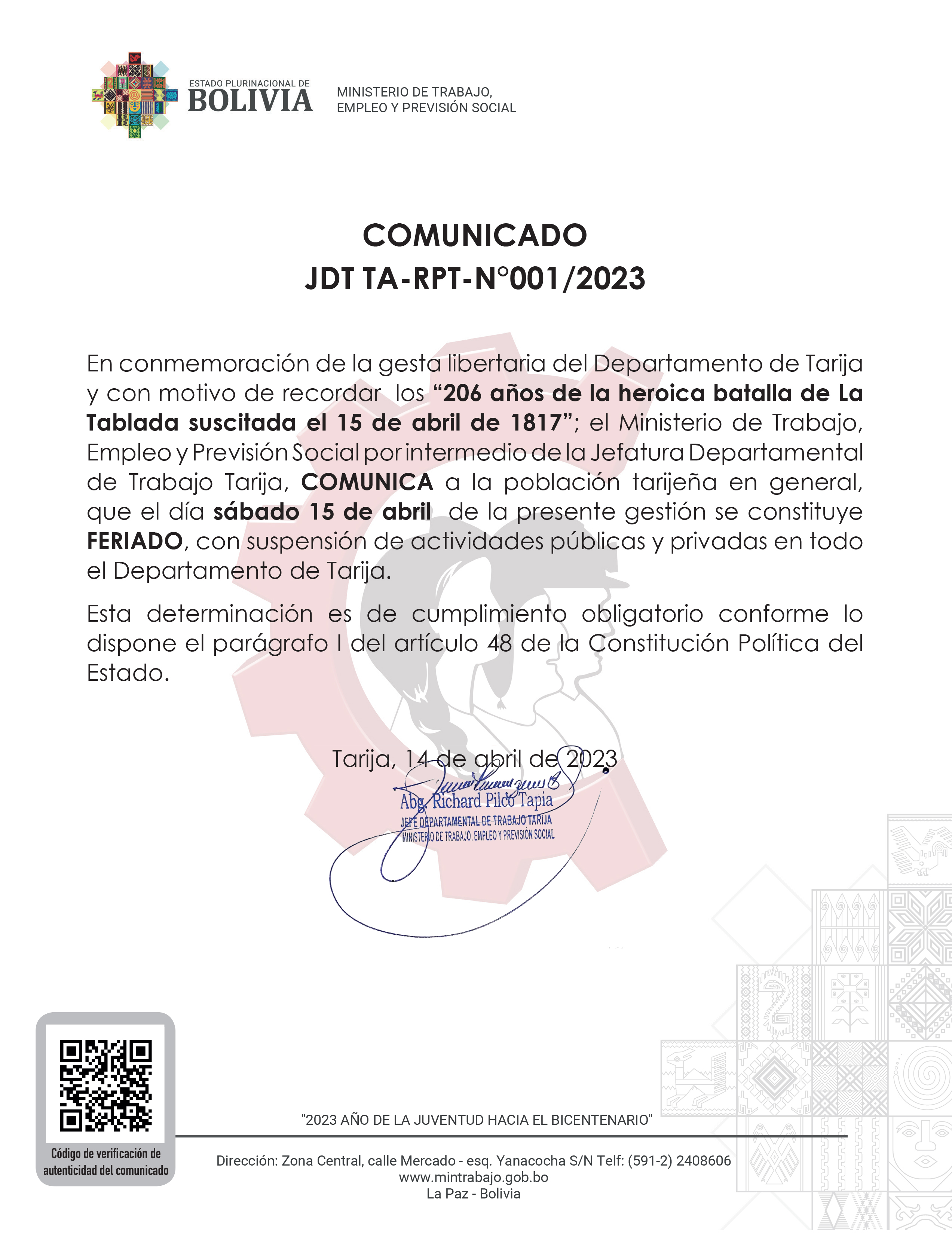 COMUNICADO JDT TA-RPT-N°001/2023