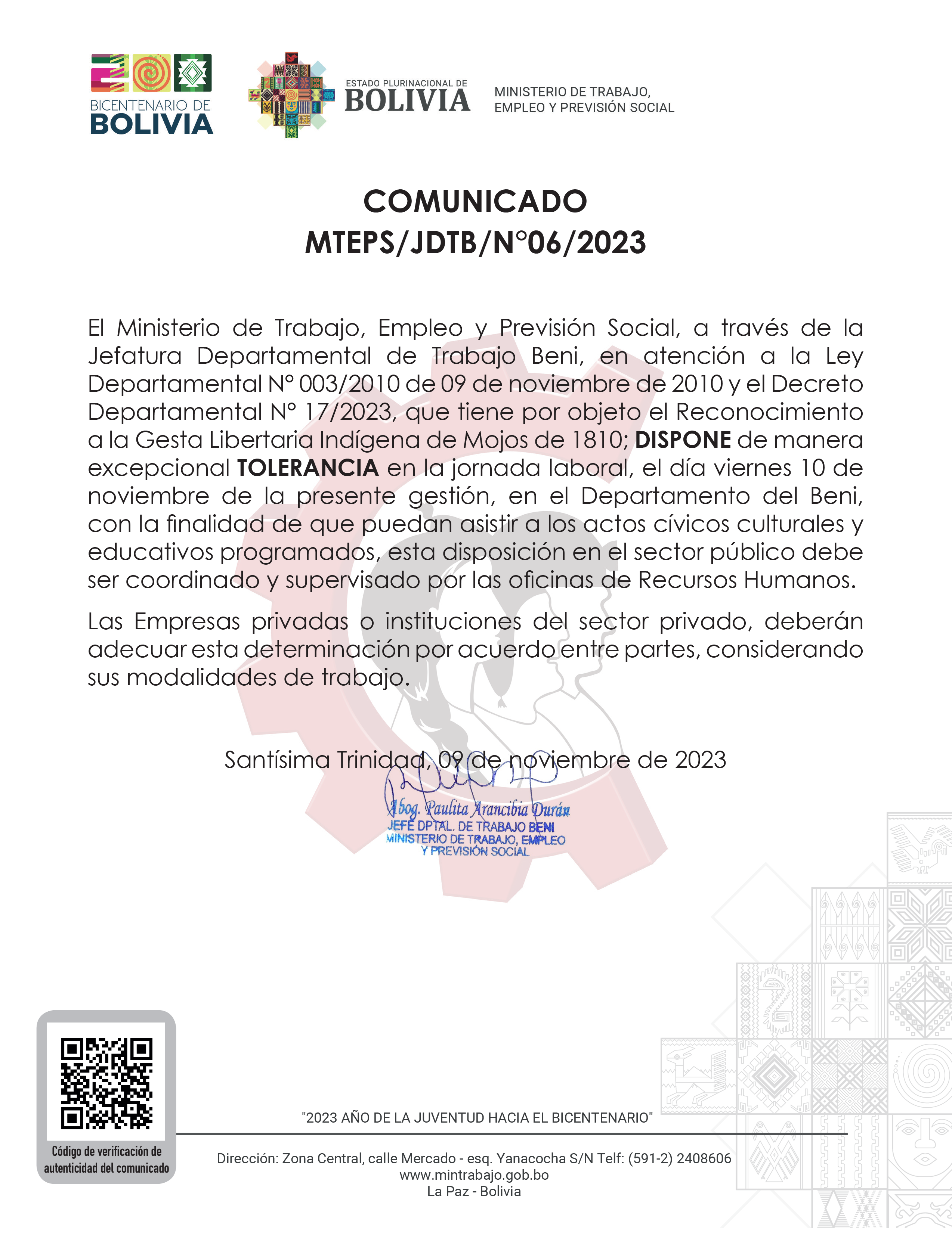 COMUNICADO MTEPS/JDTB/N°06/2023