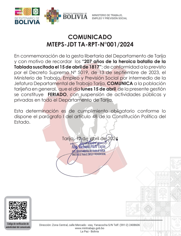 COMUNICADO MTEPS-JDT TA-RPT-N°001/2024